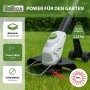 TRUTZHOLM Akku Rasentrimmer mit Akku, Ladegerät und Nylonmesser im Garten.