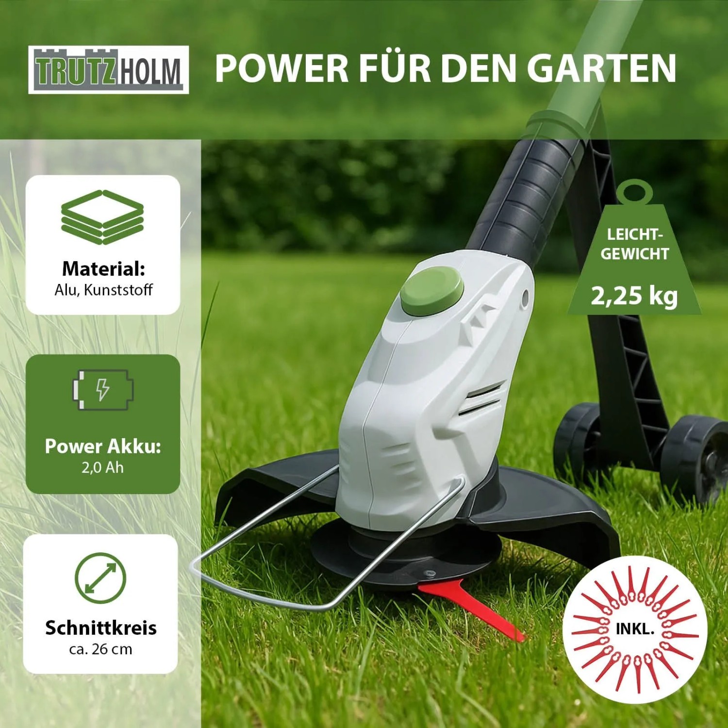 TRUTZHOLM Akku Rasentrimmer mit Akku, Ladegerät und Nylonmesser im Garten.