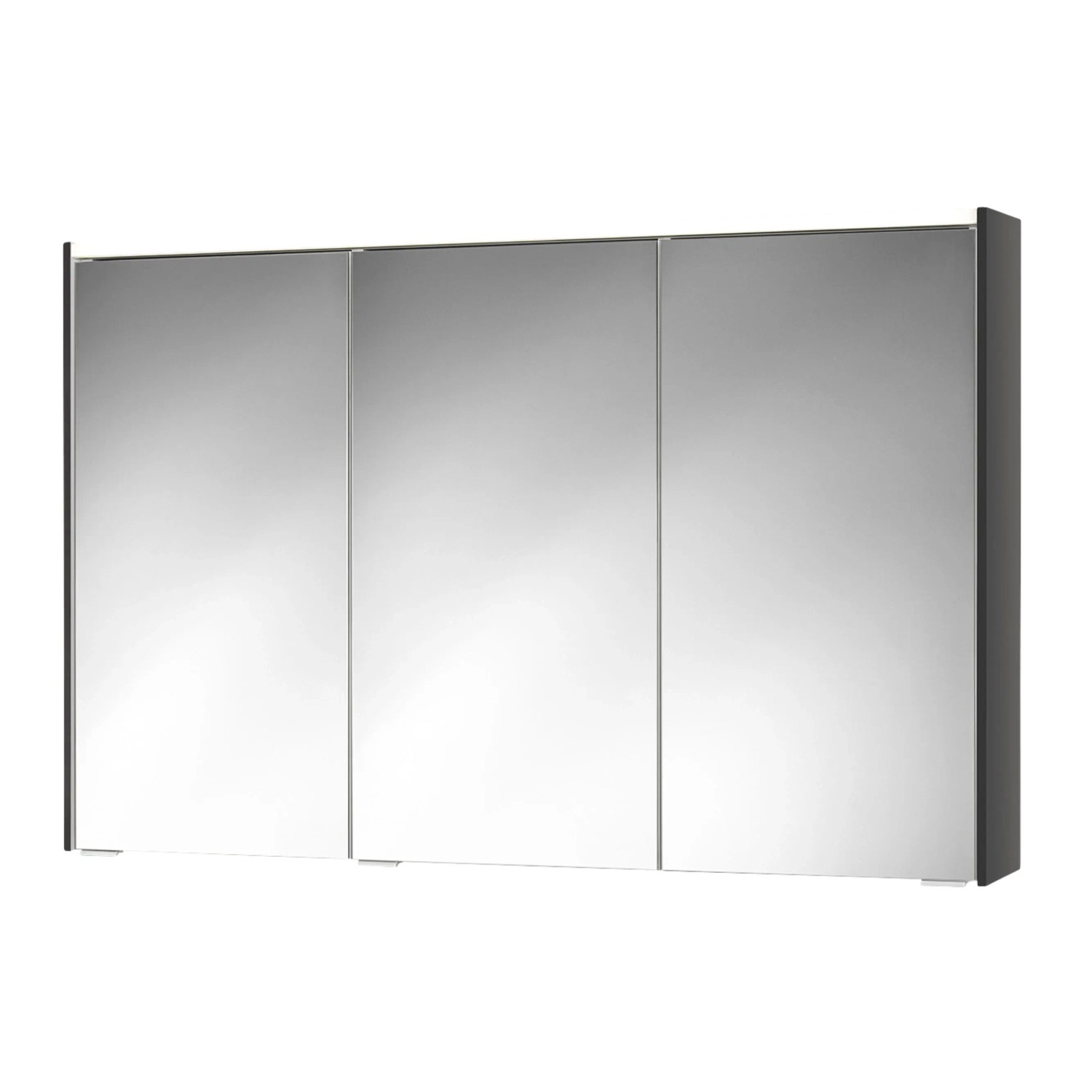 Moderner, anthrazitfarbener Sieper Spiegelschrank, 120 cm breit, mit drei Spiegeltüren.