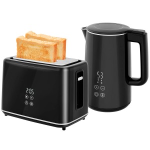 Schwarzes HOMCOM Wasserkocher-Toaster-Set aus Edelstahl und Kunststoff mit zwei Toastscheiben.