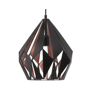 Moderne Eglo Pendelleuchte Carlton 1 in Schwarz-Kupfer mit geometrischem Lampenschirm.