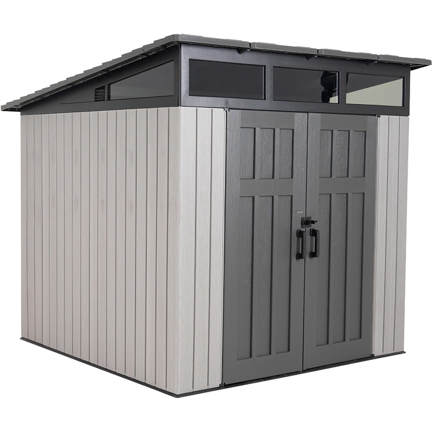 Lifetime Gerätehaus Merkur, 5,4 m², dunkelgrau, aus Kunststoff mit Doppeltür und Pultdach.