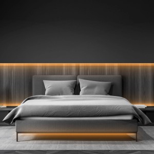 Bett mit indirekter Beleuchtung durch Brilo Wifi-LED-Streifen RGB, appgesteuert.