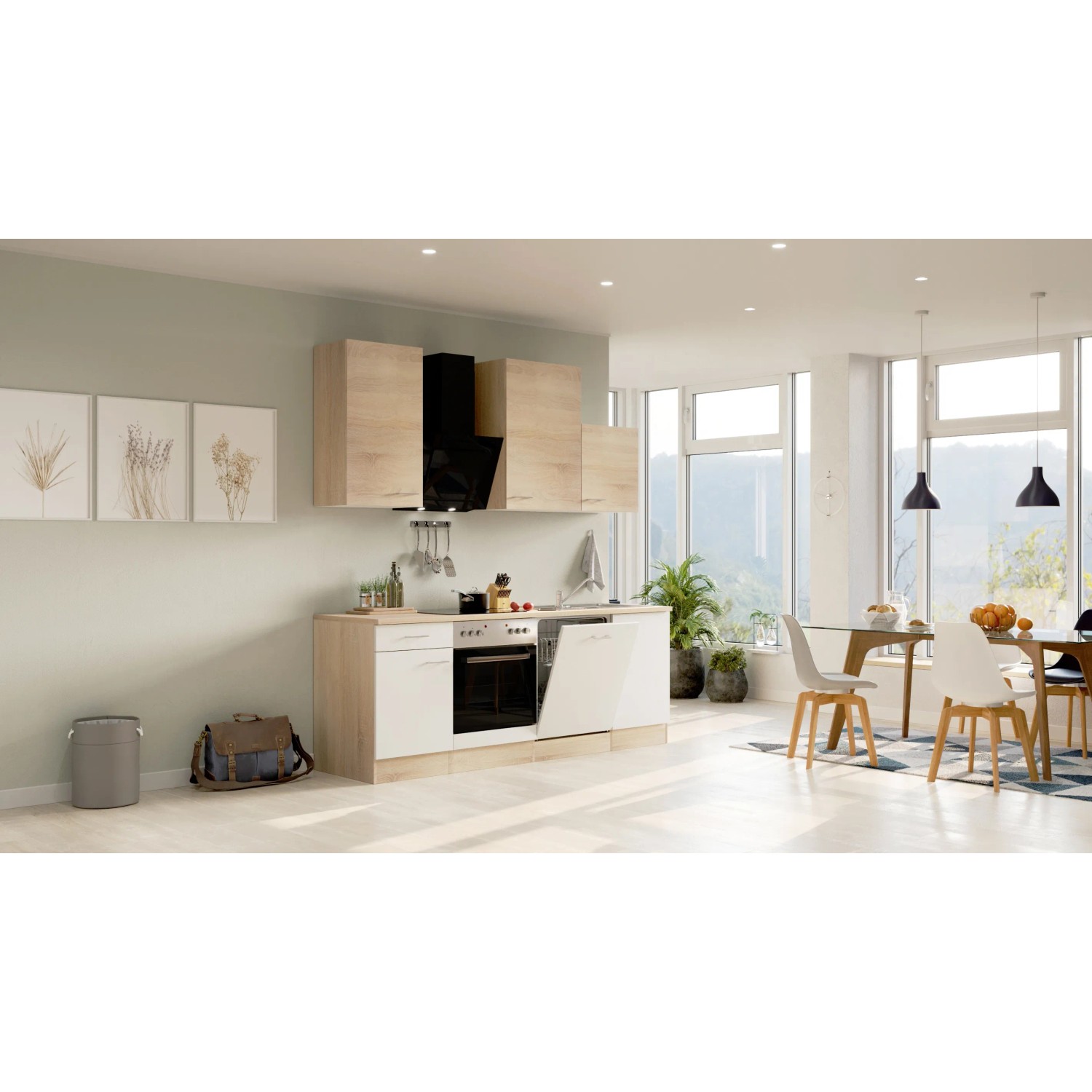 Flex-Well Küchenzeile Florida, 220 cm, Weiß/Sonoma Eiche, mit E-Geräten und Spüle.