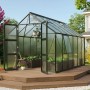 Vitavia Gewächshaus Olymp 9900 HKP 6 mm Smaragd, mit geöffneten Türen auf Holzterrasse.