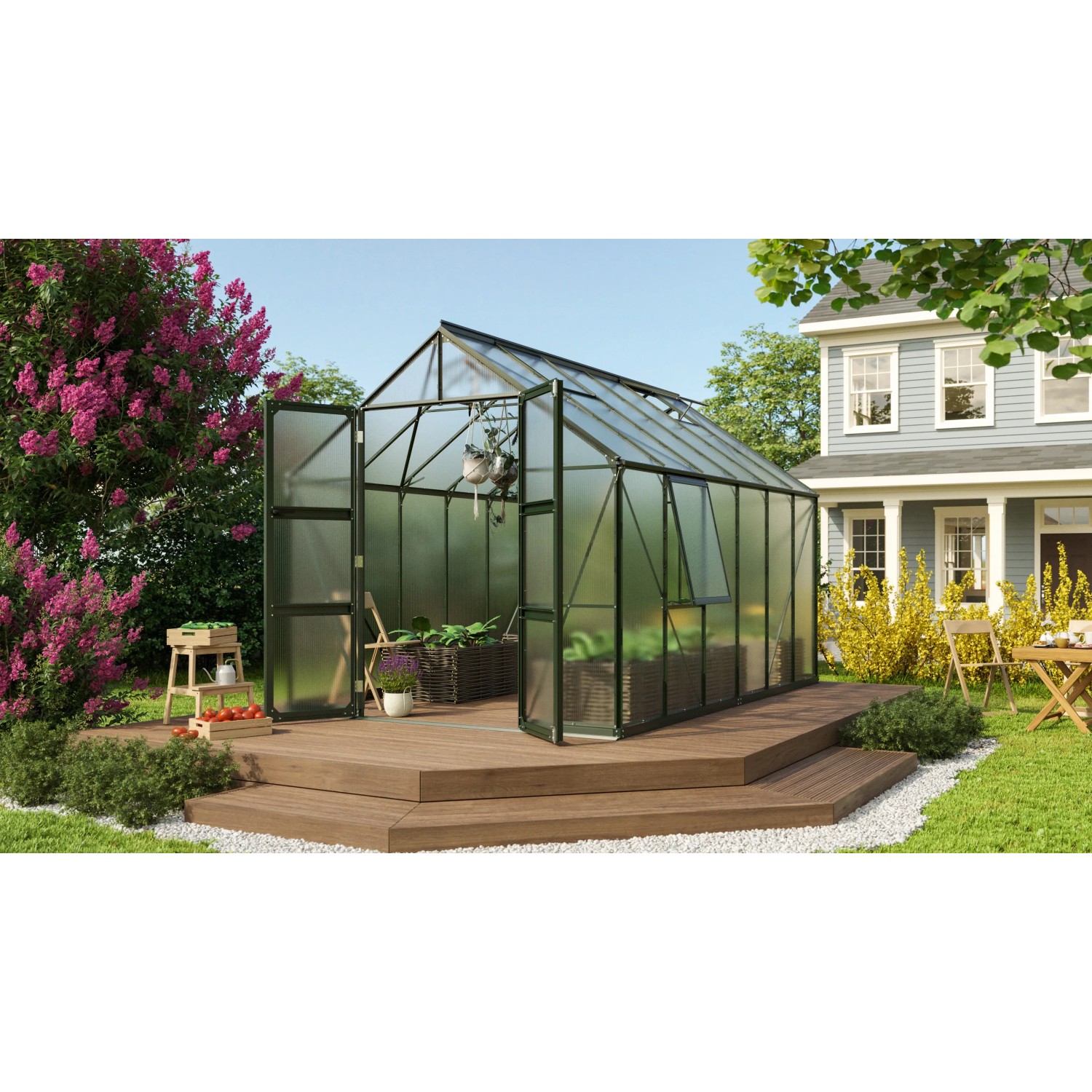 Vitavia Gewächshaus Olymp 9900 HKP 6 mm Smaragd, mit geöffneten Türen auf Holzterrasse.