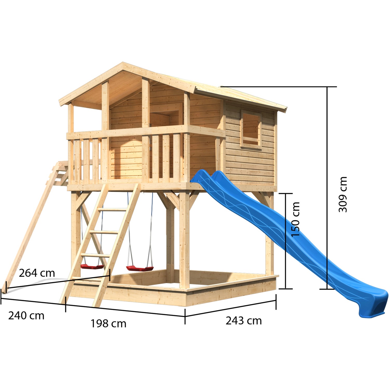 Karibu Stelzenhaus Benjamin mit Doppelschaukel und blauer Rutsche aus naturbelassenem Holz.