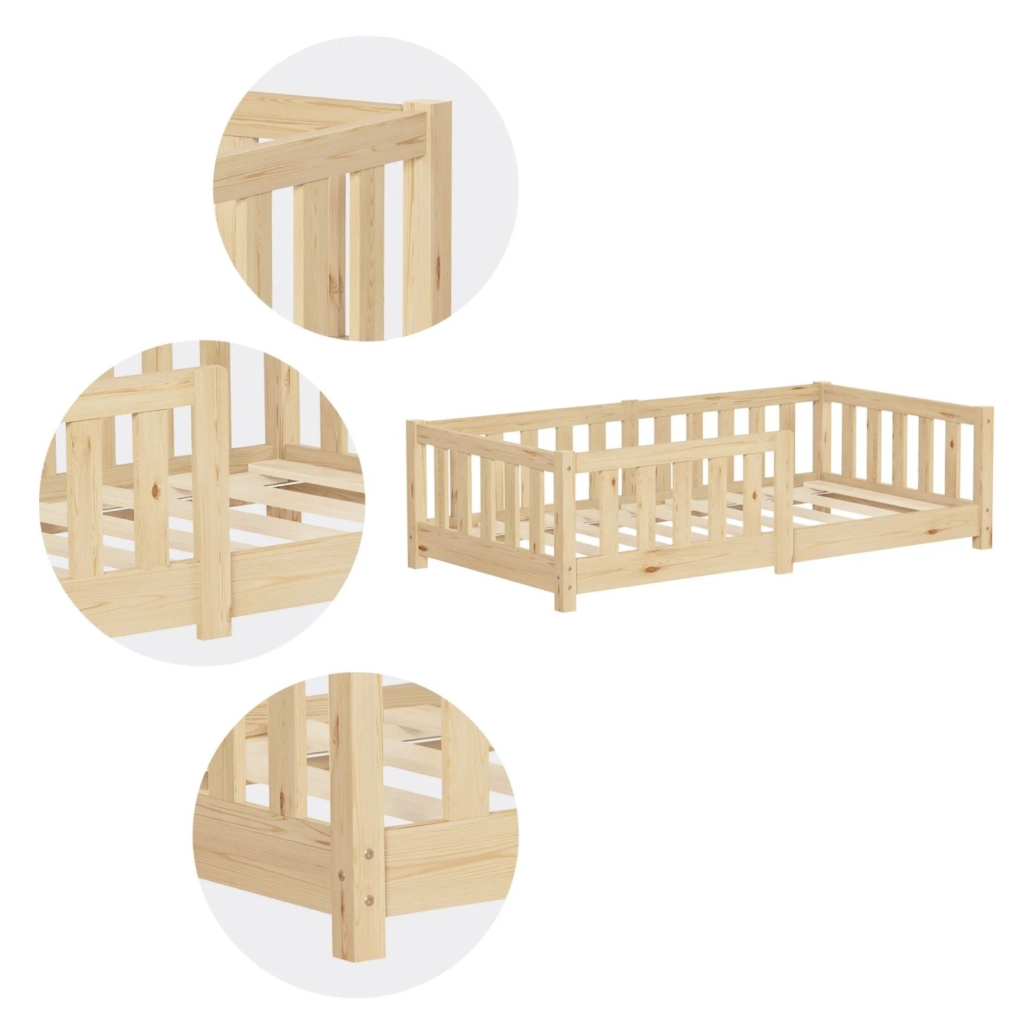 ML-Design Kinderbett 70x140 cm aus hellem Kiefernholz mit Rausfallschutz und Lattenrost. Montessori-Stil.