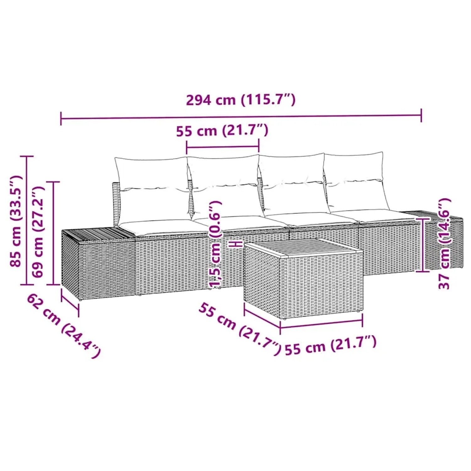 Graues 5-teiliges Garten-Sofa-Set aus Polyrattan mit Tisch und Kissen. Gartenmöbel für 4 Personen.