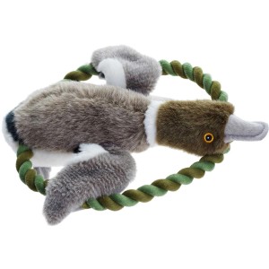 Graue Hunter Hunde-Ente als Intelligenzspielzeug mit Seil und Squeaker, 26 cm.