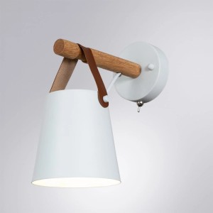 Weiße Arte Lamp Wandleuchte Thomas aus Metall mit Holzarm und braunen Bändern. E27 Lampe für Wohnzimmer, Flur, Schlafzimmer.
