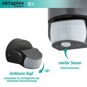 Oktaplex Bea Bewegungsmelder für Außen, anthrazit, mit schwenkbarem Kopf und Unterkriechschutz.