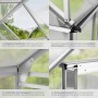 Tectake Gewächshaus Details: offenes Dachfenster, robuster Aluminiumrahmen, wärmedämmende Hohlkammerstegplatten, leichtgängige Schiebetür.