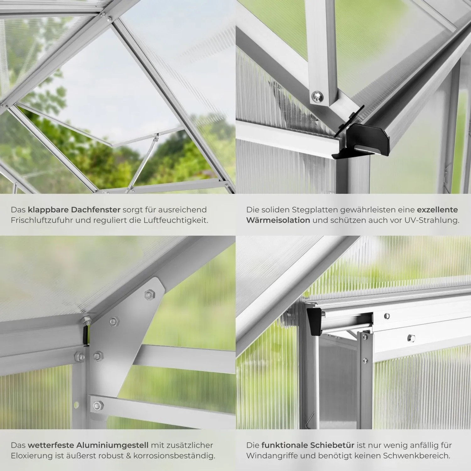 Tectake Gewächshaus Details: offenes Dachfenster, robuster Aluminiumrahmen, wärmedämmende Hohlkammerstegplatten, leichtgängige Schiebetür.
