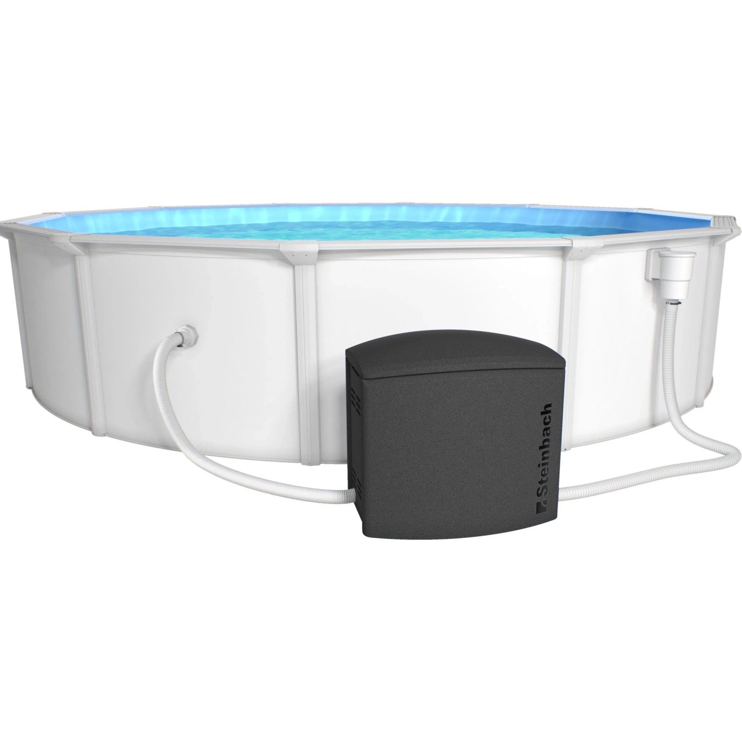 Steinbach Pool Technikbox neben Pool, graues Gehäuse mit Pool-Anschlüssen.