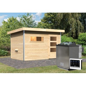 Karibu Saunahaus Hendrik 1 mit Bio-Ofen und Steuerung Easy, naturbelassenes Holz.