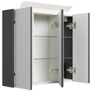 Posseik Spiegelschrank, 70 cm, Grafit, mit LED-Lampe und Glasböden. Offene Türen zeigen Innenleben.