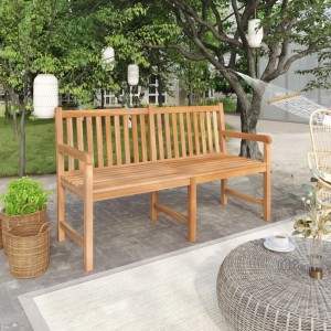 Massive Teak Gartenbank (150 cm) von vidaXL im Garten, seitliche Ansicht.