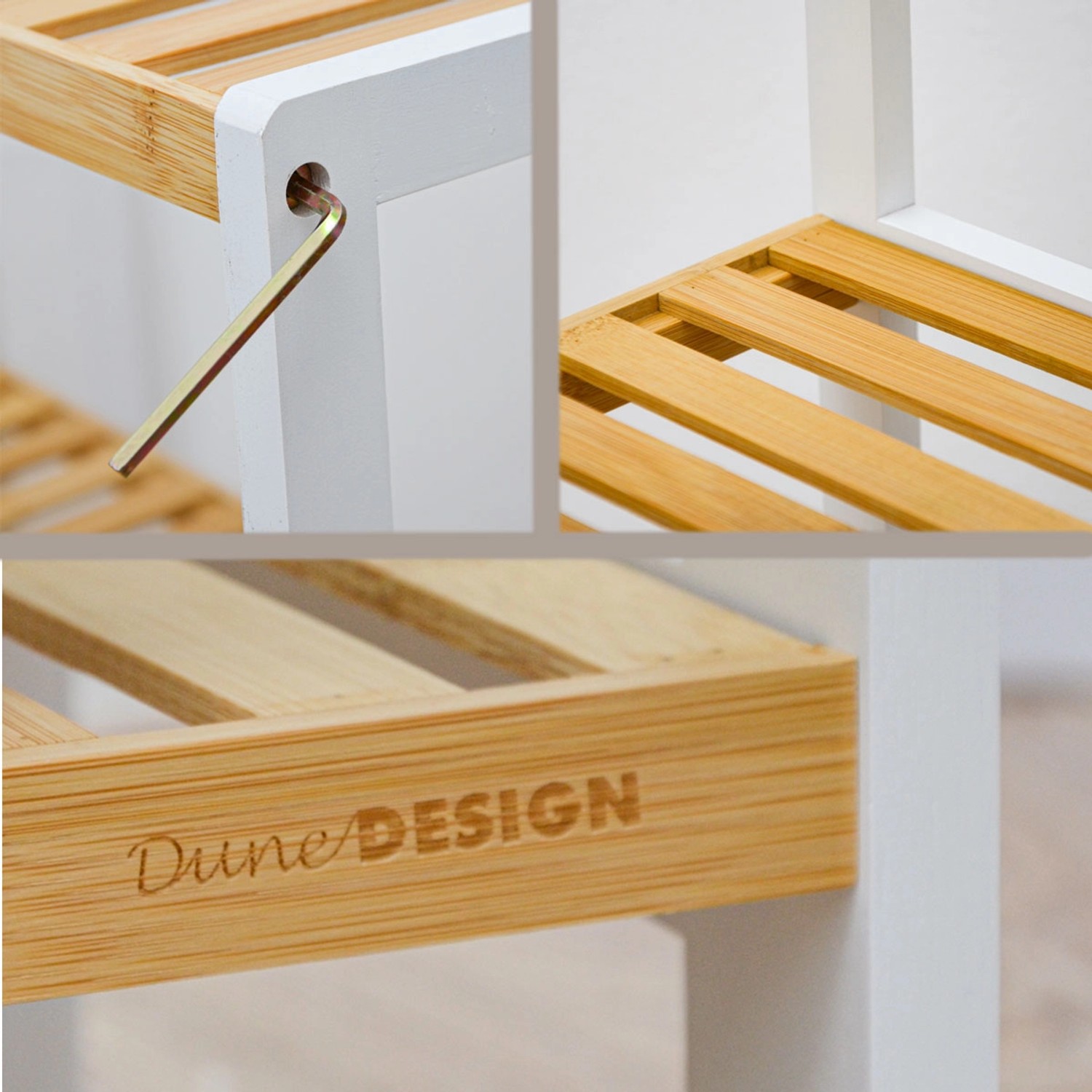 Detailansicht: Weißes DuneDesign Schuhregal aus Bambus mit zwei Ablagen.