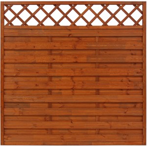 Teakfarbenes Sichtschutzzaun-Element Country, 180x180 cm, mit Lattenzaun-Abschluss.