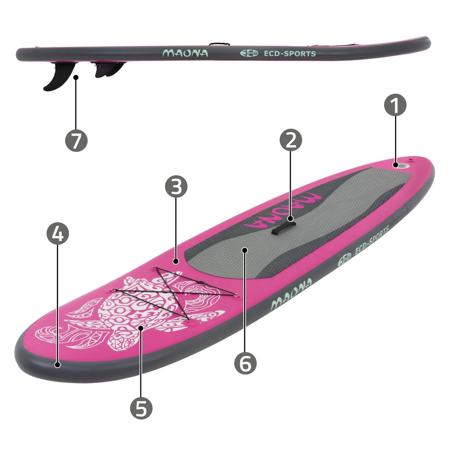 Aufblasbares, pinkes Stand Up Paddle Board Maona 308 mit Finne und Tragegriff.