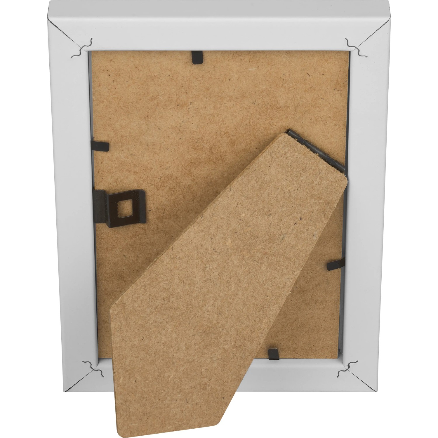 Rückseite des weißen MDF-Bilderrahmens (10x15 cm) mit Aufsteller.