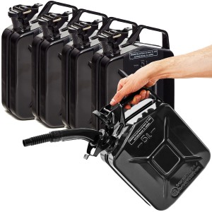 5er Set BW Metall Kraftstoffkanister, je 5 Liter, schwarz mit Ausgießer. Pannenhilfe für Auto & Motorrad.