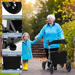 Costway Rollator mit Luftreifen, faltbar, schwarz, mit sitzender älterer Dame und Kind.