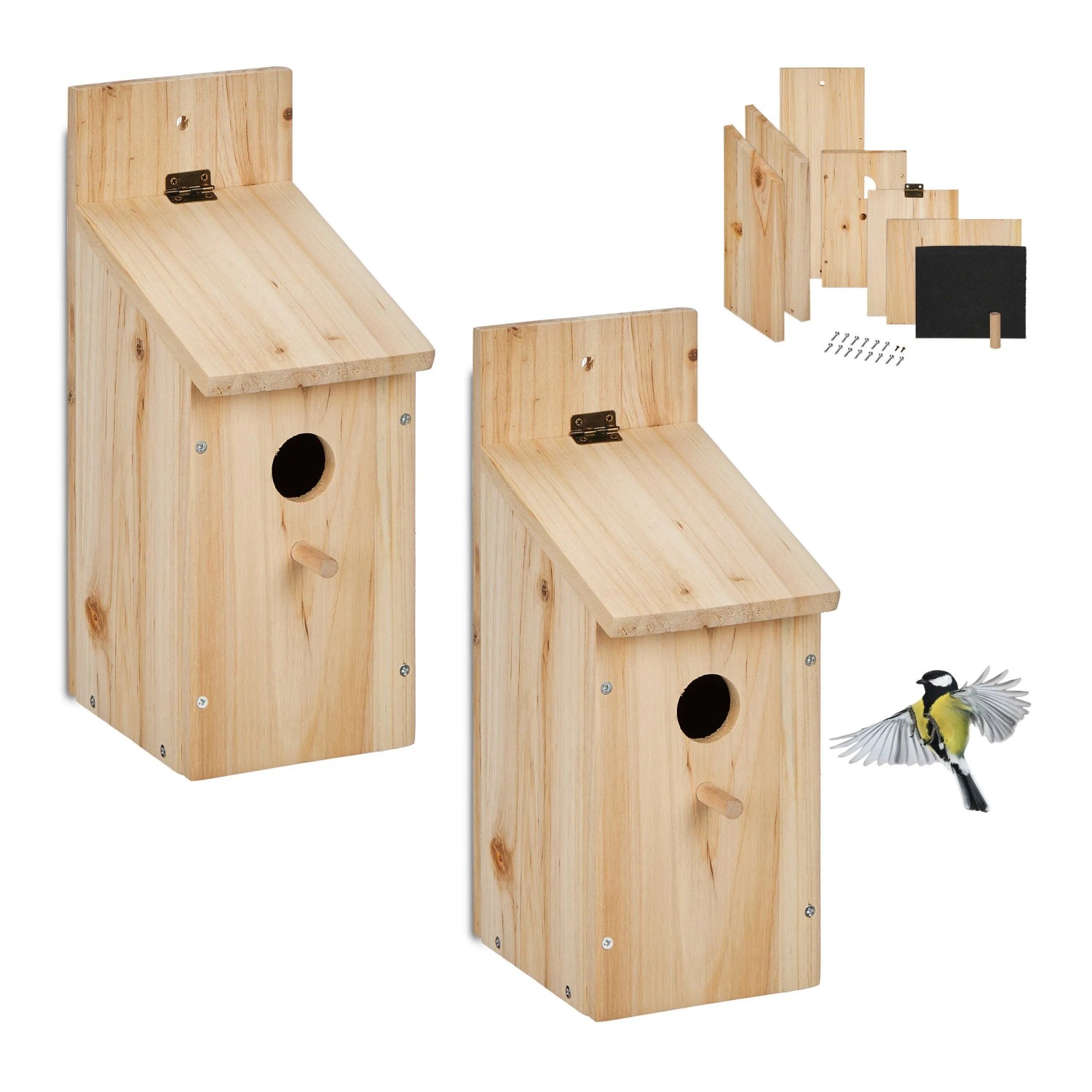Relaxdays Nistkasten Bausatz 2er Set Tannenholz Natur Mit Klappdach 29,5 cm x 11,5 cm x 17 cm