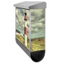 Edelstahl Briefkasten mit Zeitungsfach und Leuchtturm Sylt Motiv.