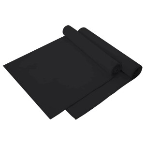 Zwei schwarze vidaXL Sporthandtücher, 140x70 cm, gerollt und gefaltet.