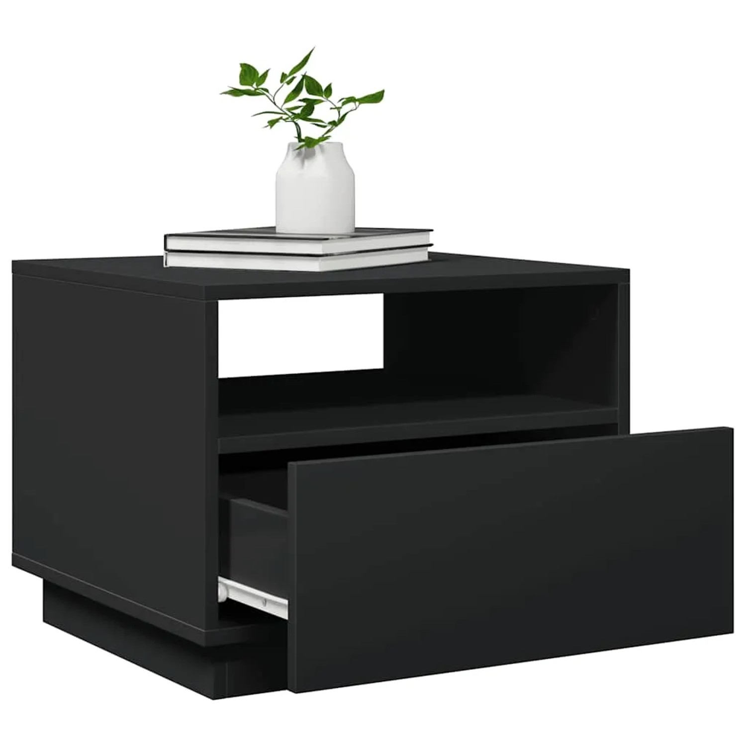 Schwarzer Couchtisch mit LED-Leuchten, Schublade offen, 50x49x40 cm.