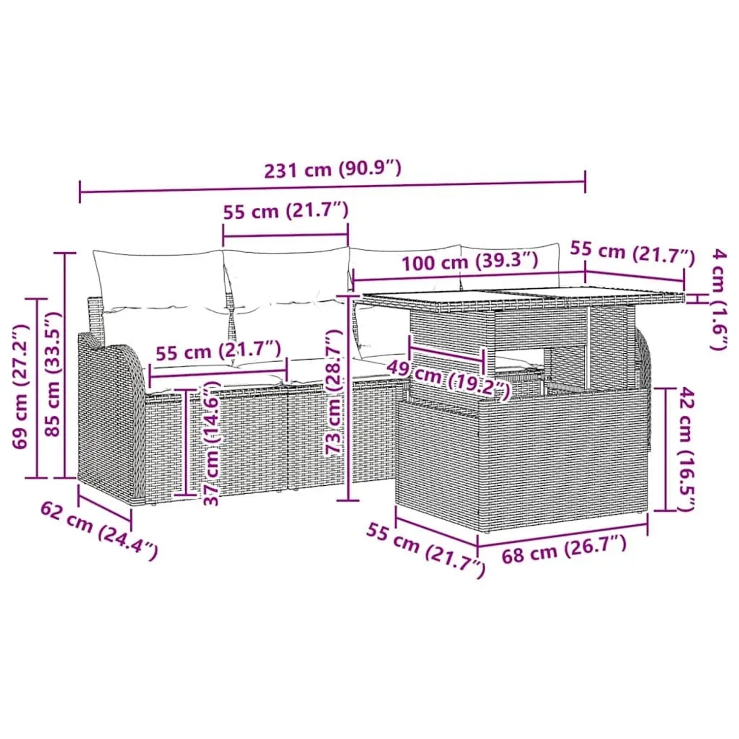 Beiges 6-teiliges Garten-Sofa-Set aus Poly Rattan mit Tisch und Kissen von vidaXL.