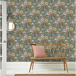 Sublime Vliestapete Elegante Blumen in Grau-Bunt mit floralem Muster im Raum.