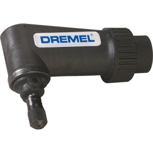 Schwarzer Dremel Winkelvorsatz 575 für Multifunktionswerkzeuge. Ermöglicht Arbeiten an schwer zugänglichen Stellen mit 90°-Kopf.