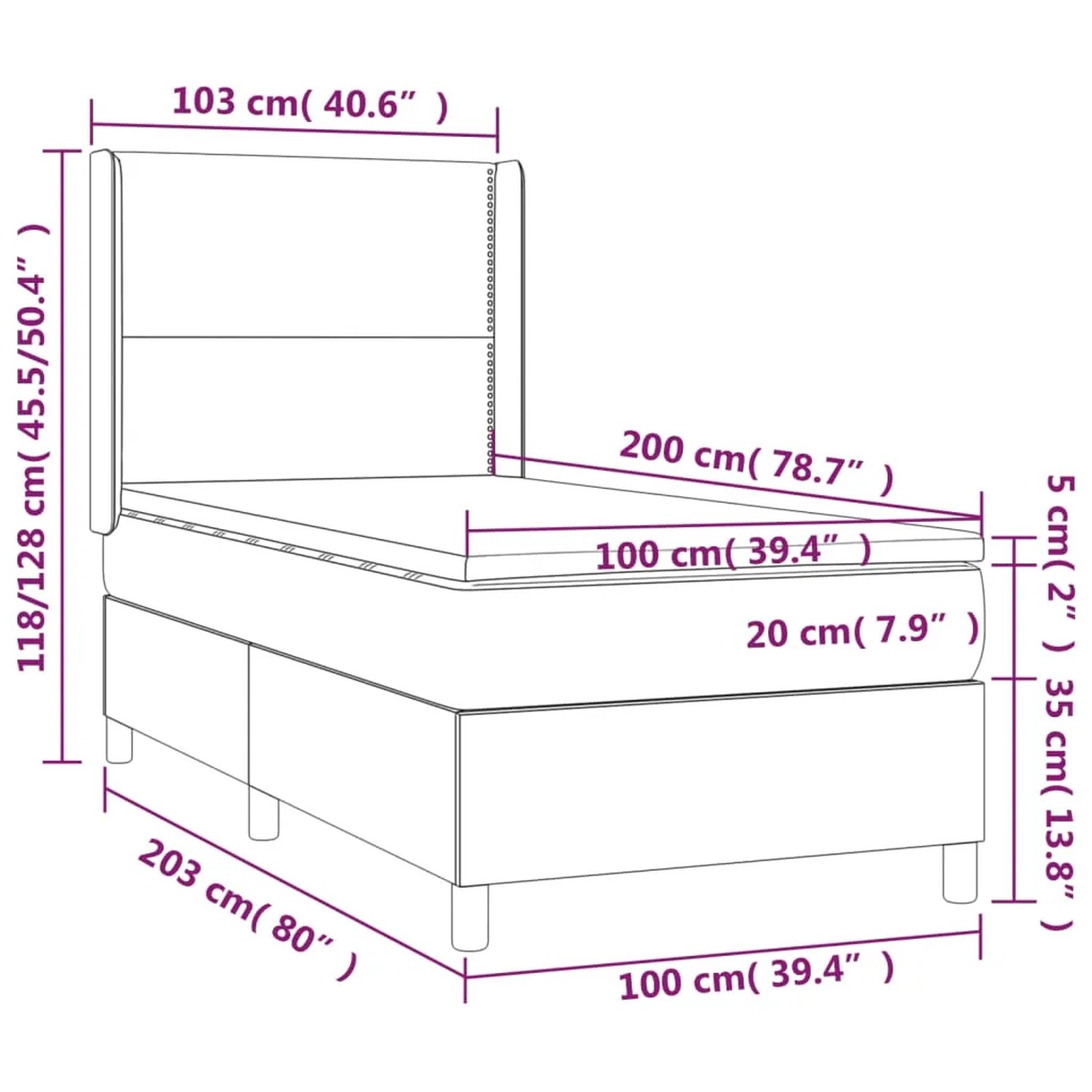 vidaXL Boxspringbett hellgrau, 100x200 cm, Samt. Bett mit Matratze, Topper und Kopfteil. Schemazeichnung mit Maßen.