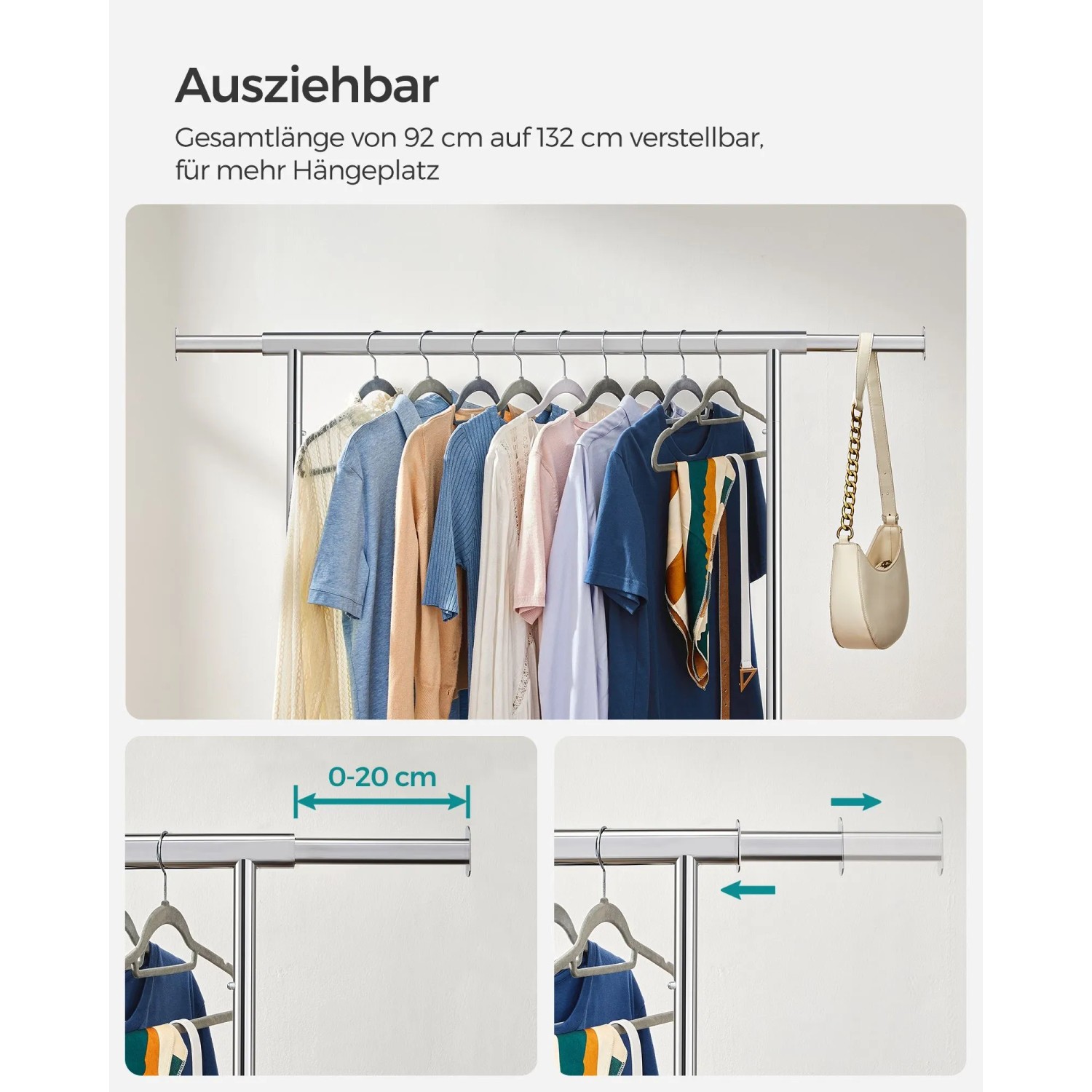 Silberner Songmics Kleiderständer mit Rollen, ausziehbar für mehr Platz.