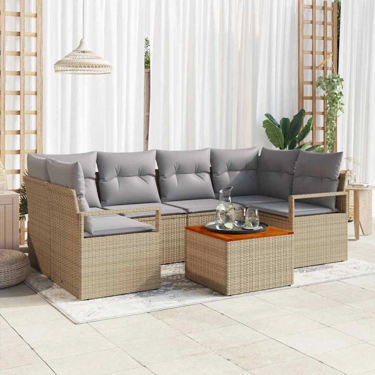 Beige-hellgraues 7-teiliges vidaXL Garten-Sofa-Set aus Rattan mit Akazienholztisch.