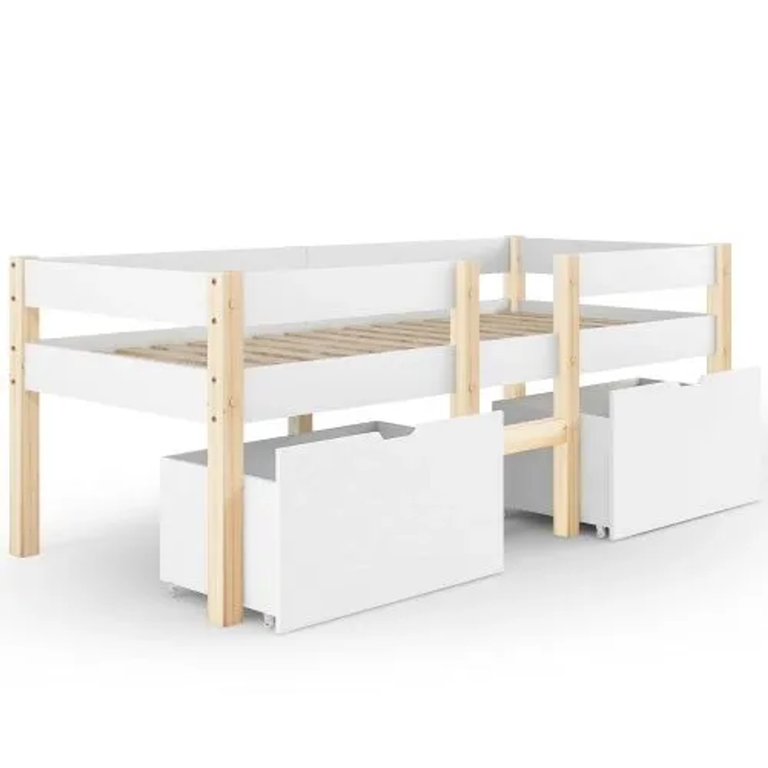 KOMHTOM Kinderbett 90 x 190 Cm  Mit Schublade Und Absturzsicherung  Massives Kiefernholz  Weiß Und Eiche
