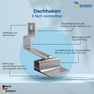 SolMount Dachhaken aus Aluminium, 3-fach verstellbar für Solaranlagen Montage.