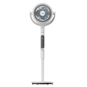 Weißer, höhenverstellbarer Midea Luftzirkulationsventilator mit digitalem Display.