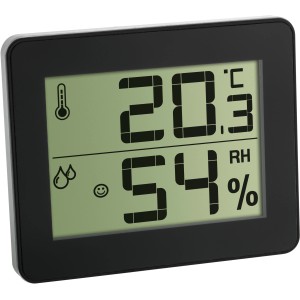 Digitales Thermo-Hygrometer von TFA in Silber mit Anzeige von Temperatur und Luftfeuchtigkeit.