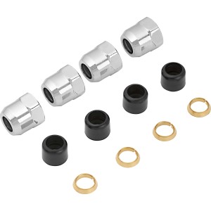 4 Quetschüberwurfmuttern (10 mm) mit Einlegeringen und Quetschdichtungen für Quetschverbindungen.