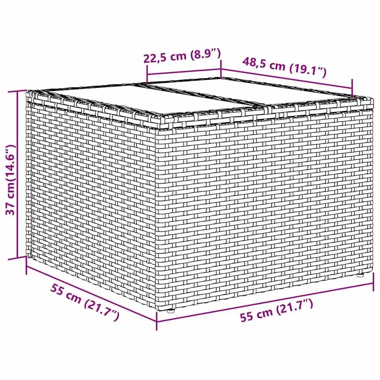 Skizze eines grauen Gartenmöbel-Sets aus Polyrattan mit Maßen, bestehend aus Sofa, Sesseln, Hocker und Tisch.