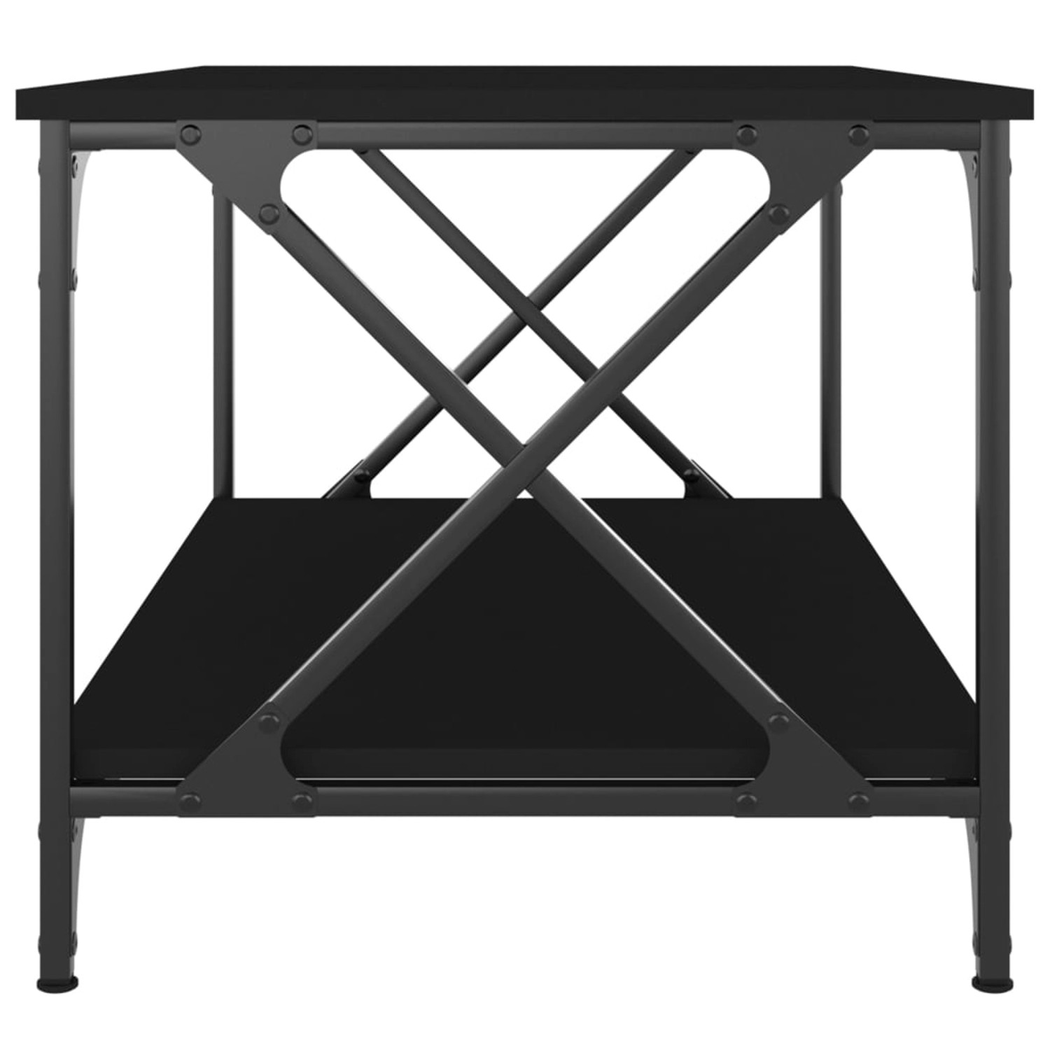 Schwarzer Couchtisch (80x50x45 cm) aus Holzwerkstoff und Eisen, mit Ablage.