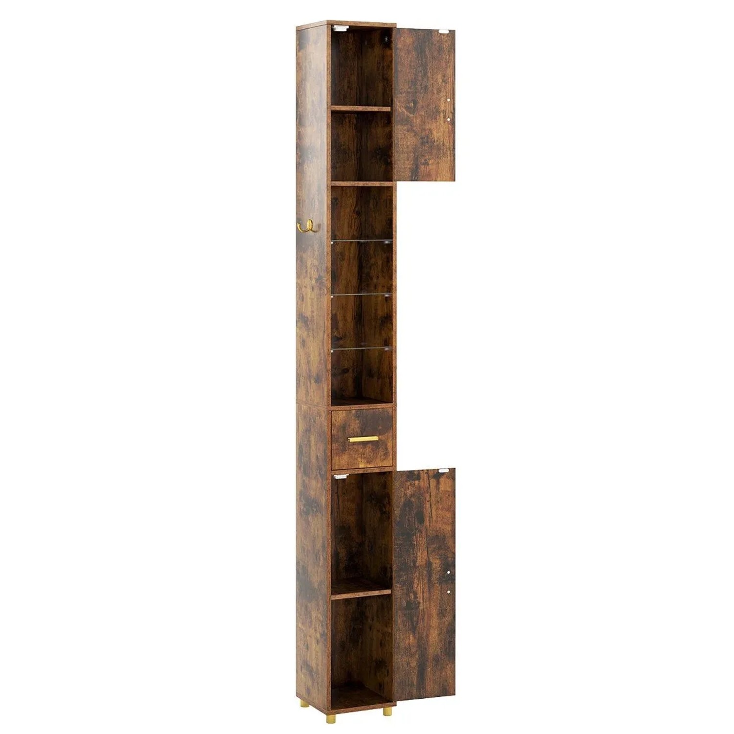 Costway Badschrank Hochschrank mit Beleuchtung & 3 Glasablagen Braun