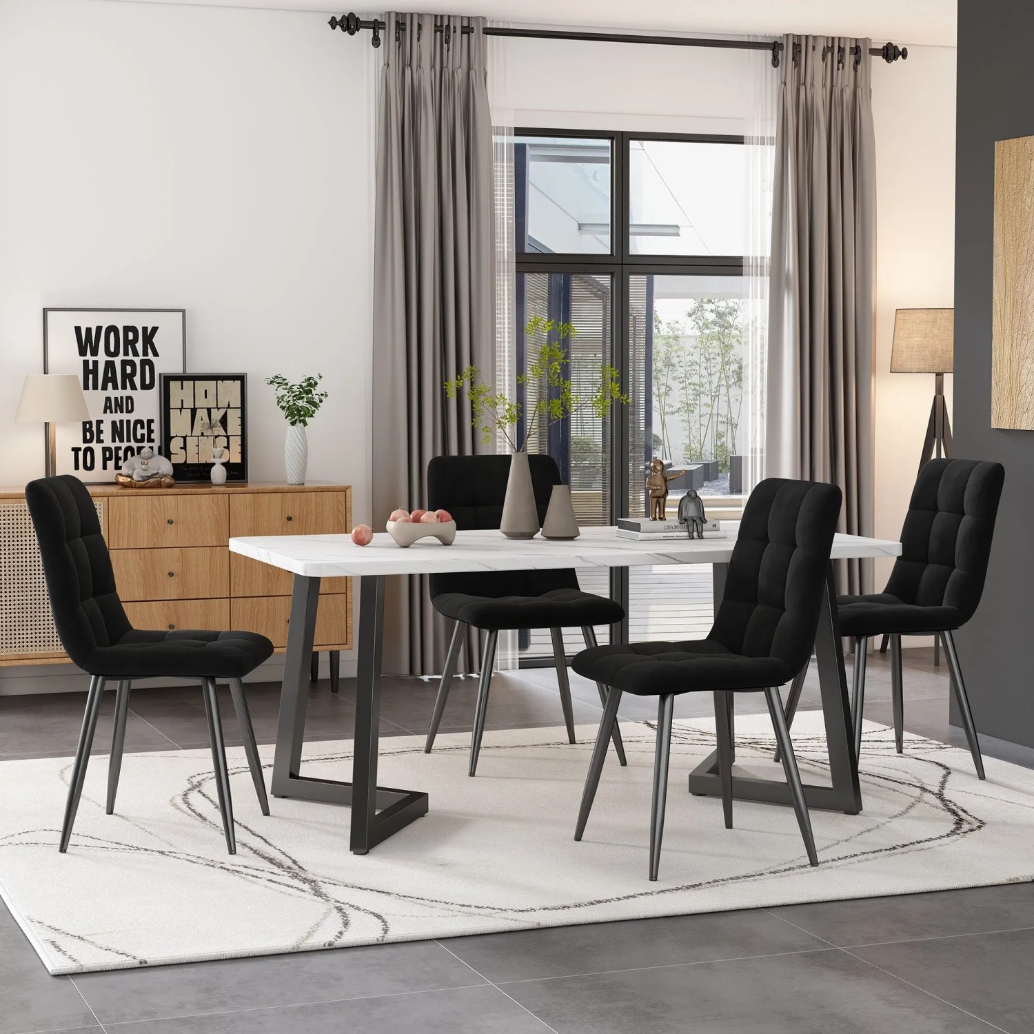 Merax Essgruppe 5-tlg mit 117cm Esstisch 4 Samtstühle Schwarz Tischbeine Schwarz_2