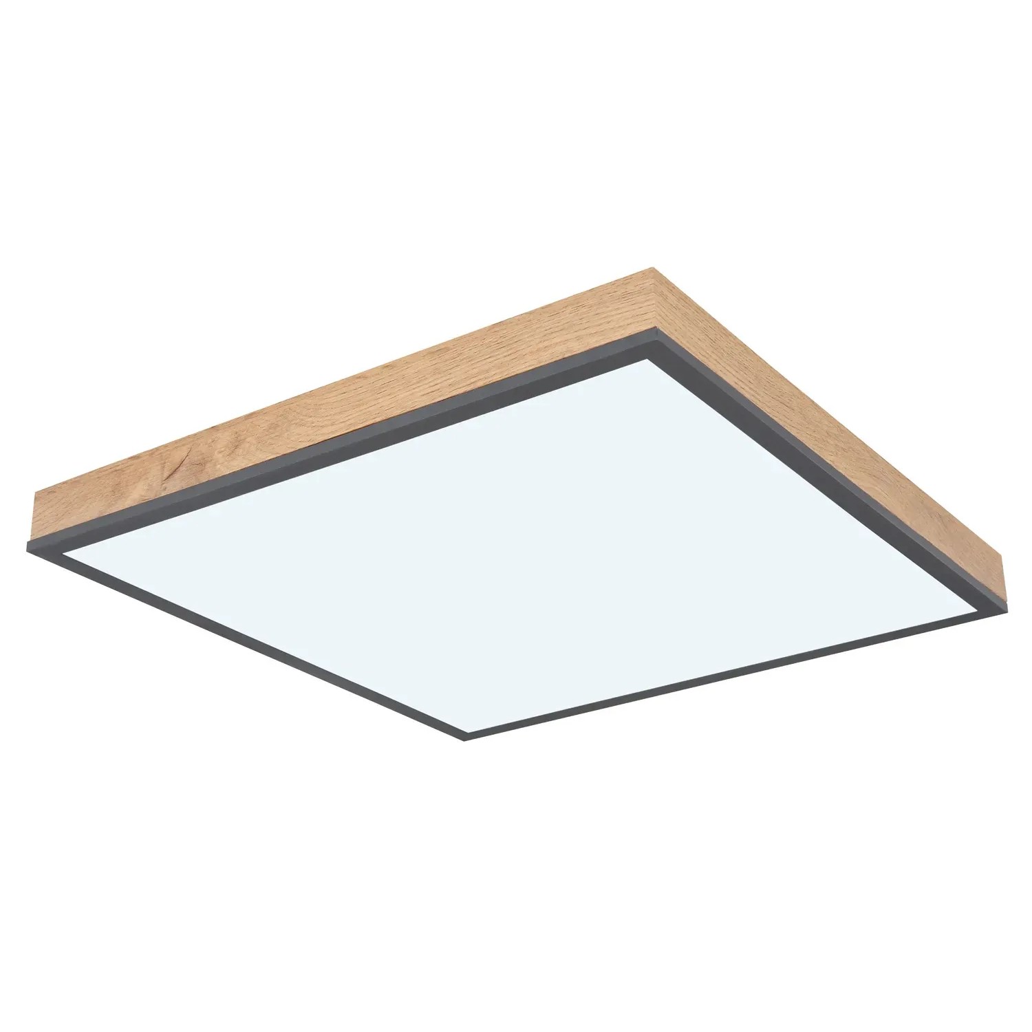 Quadratische LED-Deckenleuchte Doro in Holzfarben/Graphit, 45x45 cm. Moderne Deckenlampe mit Dimmfunktion und Fernbedienung.