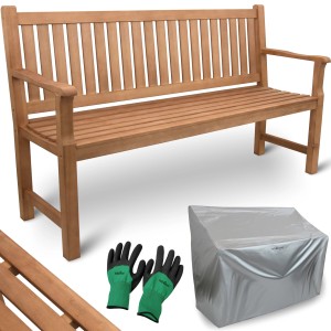 Holz4home Gartenbank 150cm aus Holz mit Schutzhülle und Gartenhandschuhen.