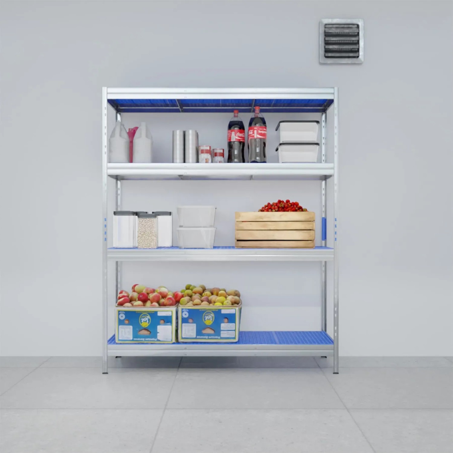 Ar Shelving Lebensmittelregal Gastronorm, 4 Böden, beladen mit Lebensmitteln.
